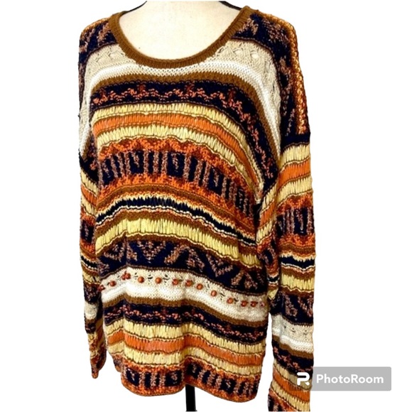 Casual Corner Sweaters - Casual Corner Sweater Women’s L Vintage Brown Striped Hand Knit Limited Edition